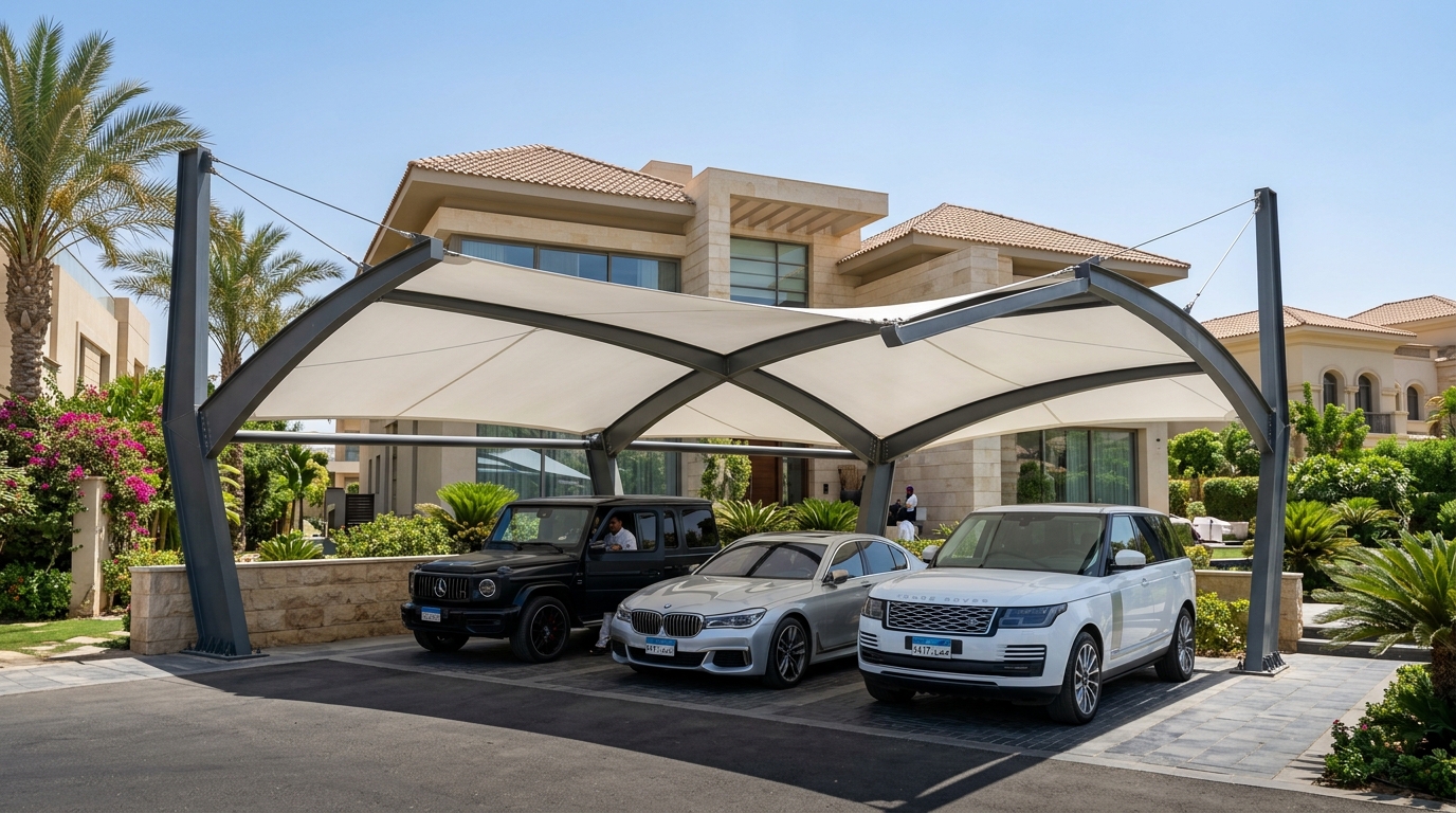 مظلات سيارات حديد كابولي وقماش مشدود PVC في مصر: مقاومة الرياح والعواصف وأفضل حلول التظليل للفلل والشركات