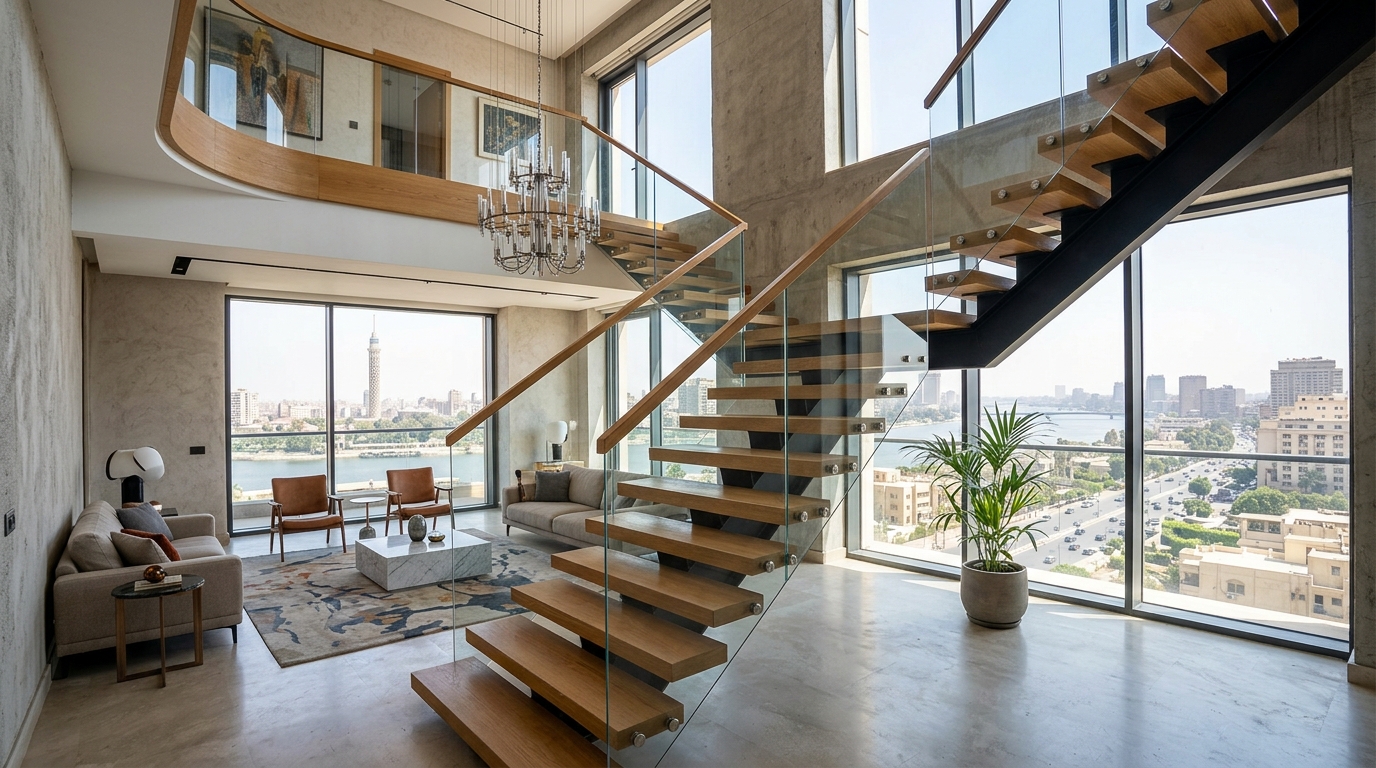 السلالم المعلقة والكابولية (Floating Stairs): الحسابات الإنشائية للأوزان، الشاسيهات المدفونة، وتطبيقات الدوبلكس والفلل