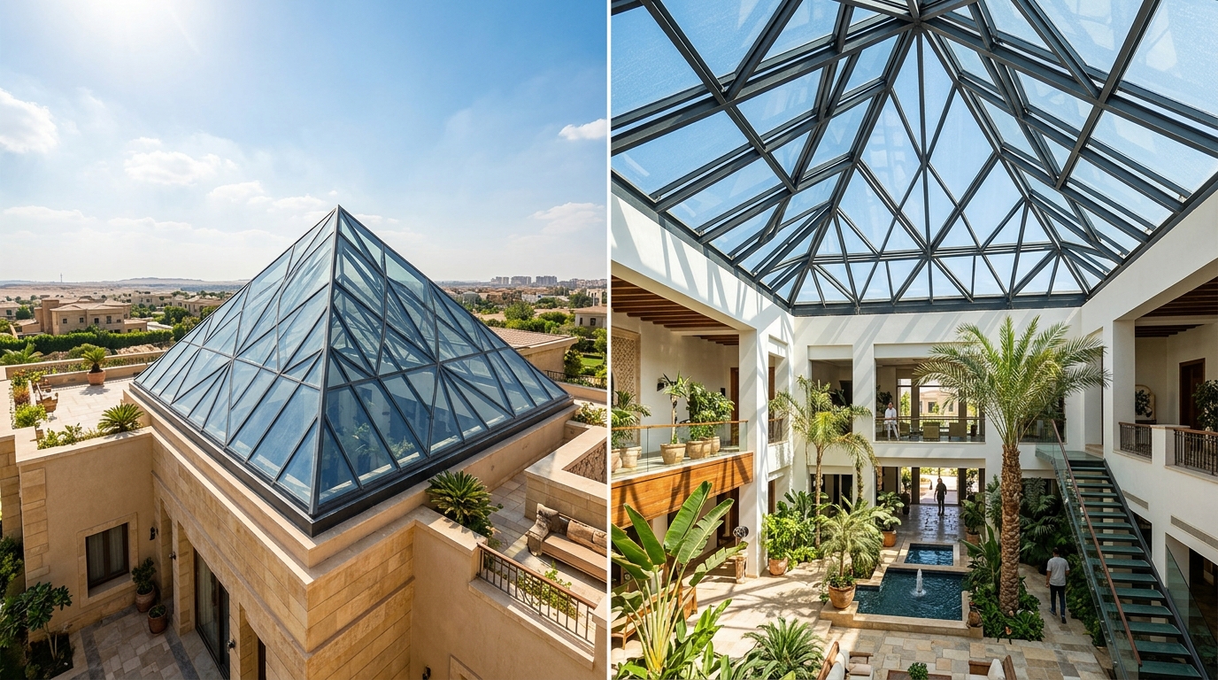 القباب والسكاي لايت الزجاجي بالهياكل الفولاذية في مصر: التصميم الإنشائي، العزل الحراري، ومقاومة تسريب الأمطار