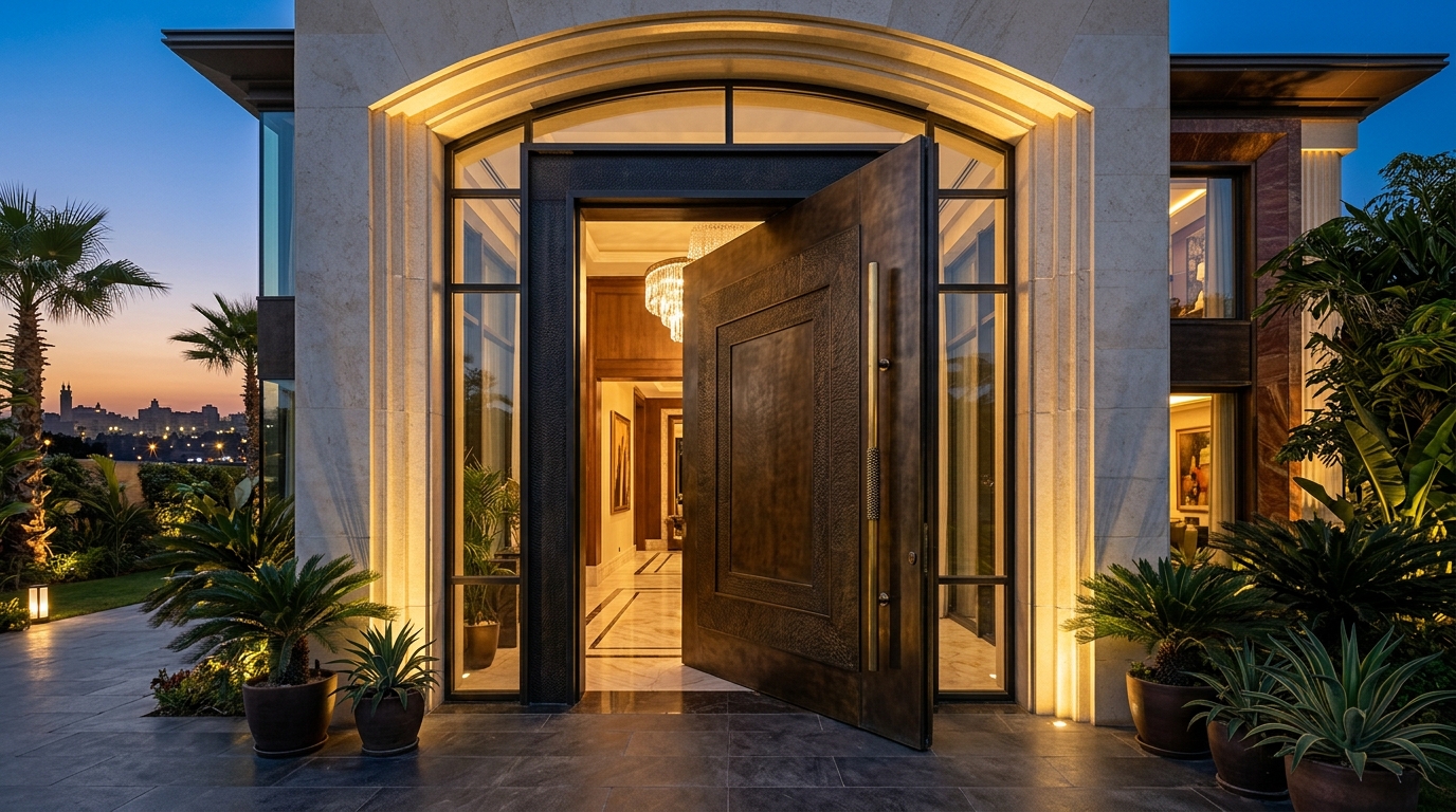أبواب المداخل المحورية العملاقة (Pivot Doors) من الحديد والزجاج والخشب: أحدث صيحات مداخل القصور والفلل الفاخرة