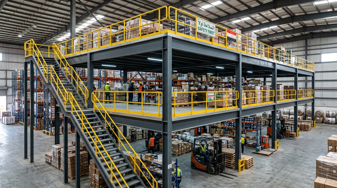 طوابق الميزانين الفولاذية (Steel Mezzanine Floors): مضاعفة المساحة التخزينية والتجارية للمصانع والمحلات في مصر